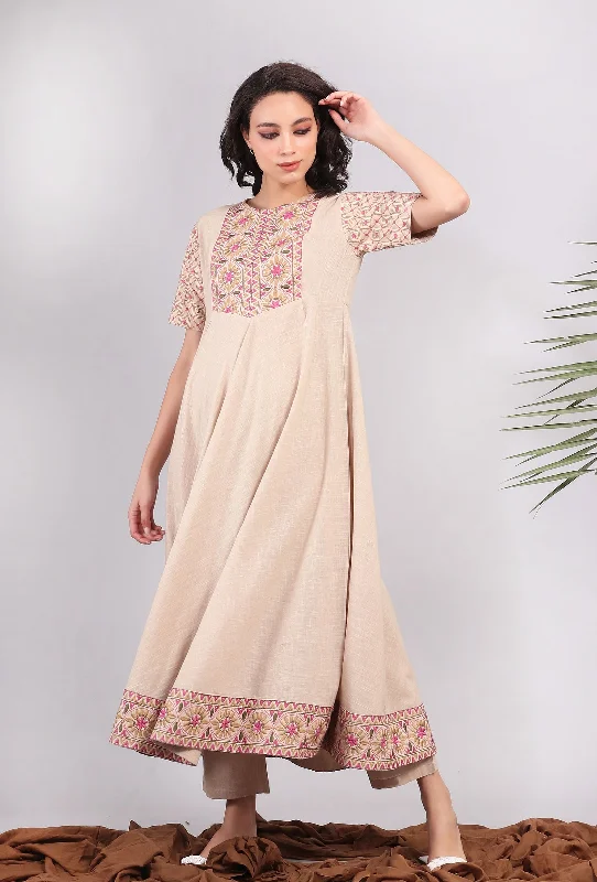 Beige Kantha Flared Kurta Dress