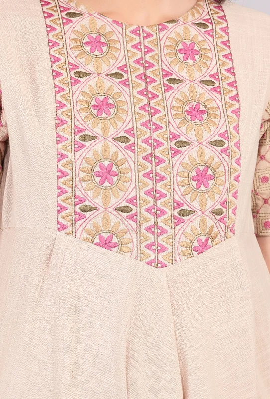 Beige Kantha Flared Kurta Dress