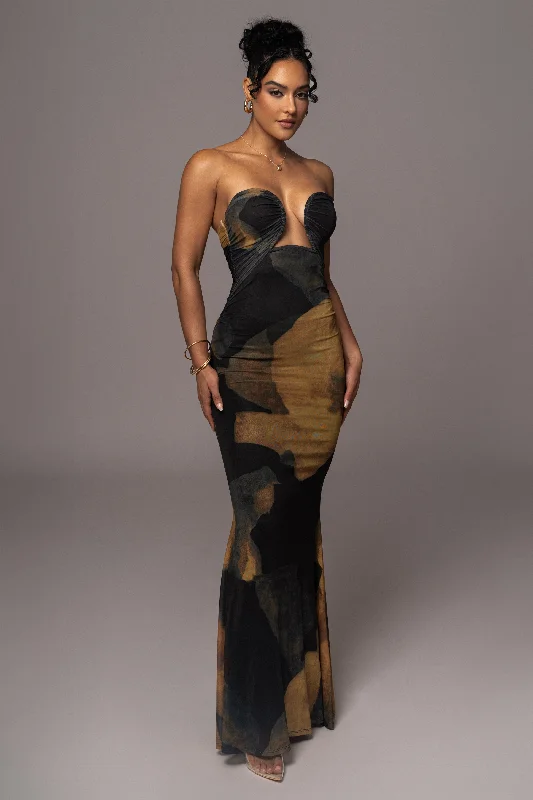 Black Abstract Bethany Strapless Maxi Dress