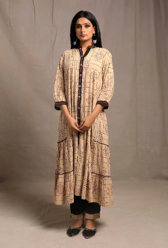 Black-Ecru Contrast Long Tier Kurta Dress