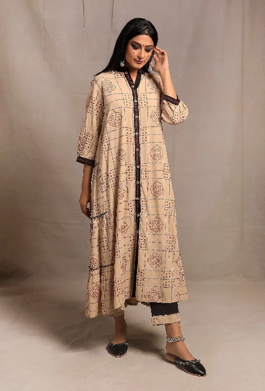 Black-Ecru Contrast Long Tier Kurta Dress