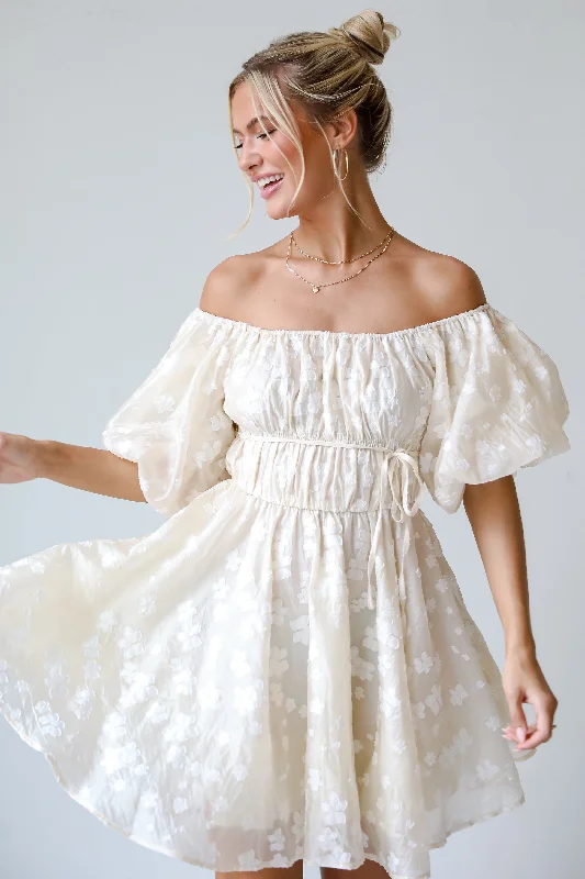 FINAL SALE - Garden Radiance Ivory Floral Puff Sleeve Mini Dress