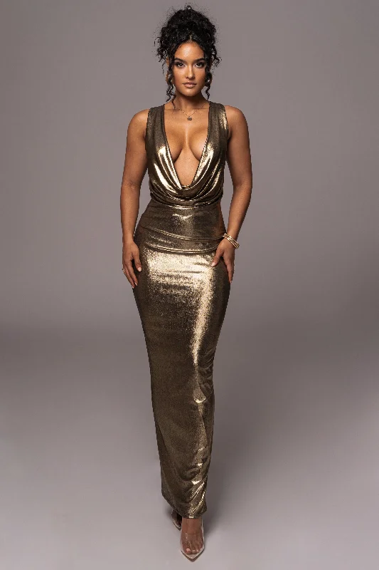 Gold Highlights Cowl Neck Maxi Dress