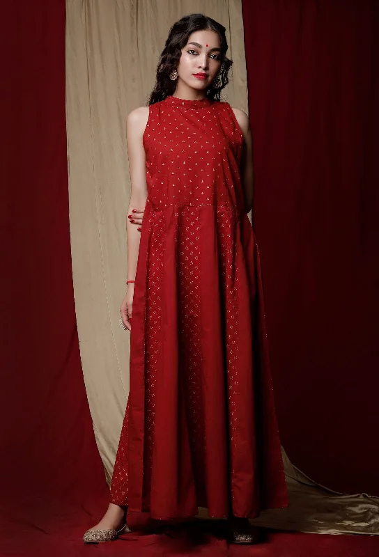 Maroon Cotton Printed Anarkali Dress