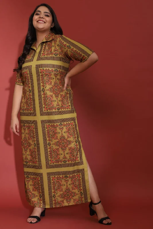 Mustard Ethnic Scarf Print Side Slit Long Dress