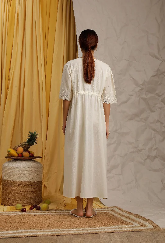 Off White Cotton Schiffli Front Tie Kaftan Dress