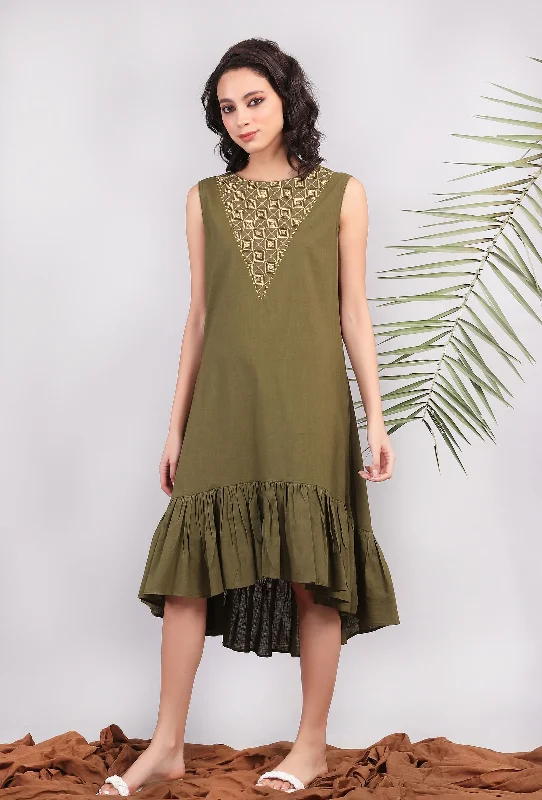 Olive Green Kantha Asymmetrical Tiered Dress