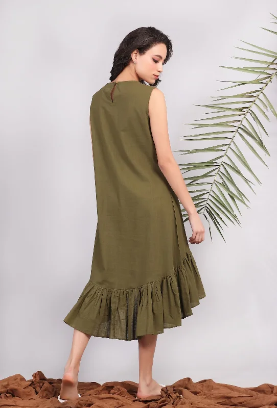 Olive Green Kantha Asymmetrical Tiered Dress