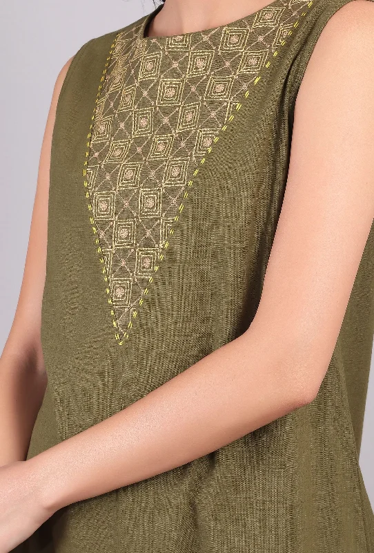 Olive Green Kantha Asymmetrical Tiered Dress