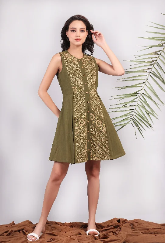 Olive Green Kantha Embroidered Side Pleated Dress