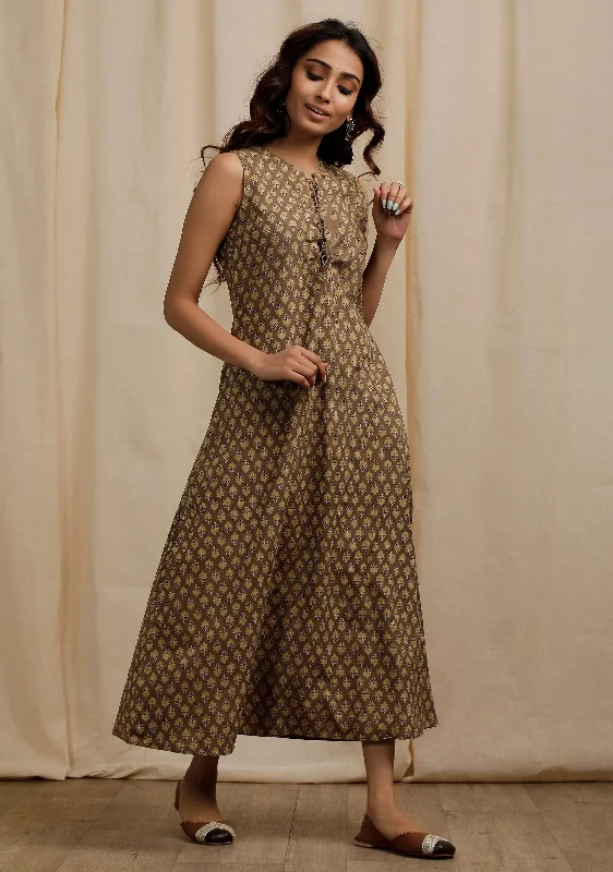 Olive Green Tie-up Neck Ajrakh Print Dress