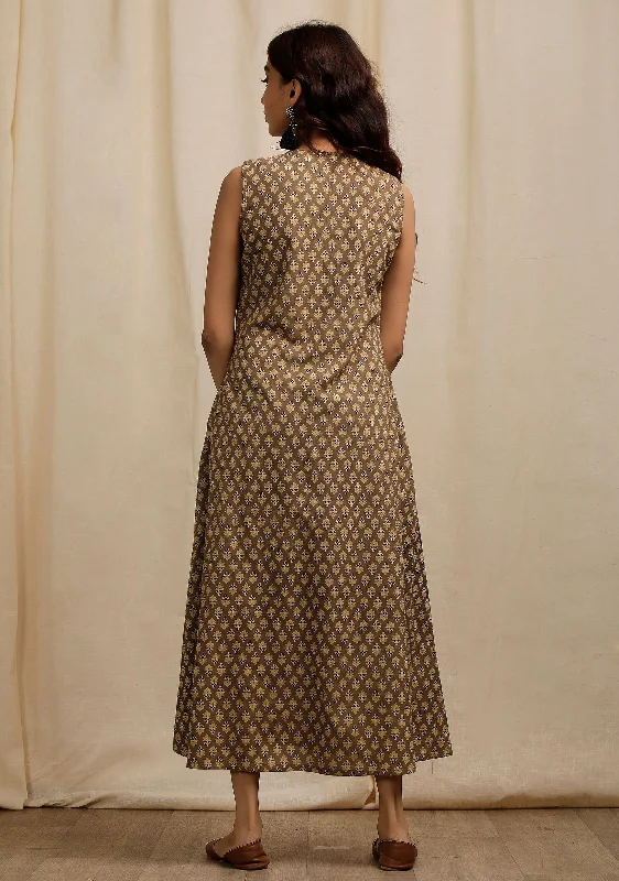 Olive Green Tie-up Neck Ajrakh Print Dress