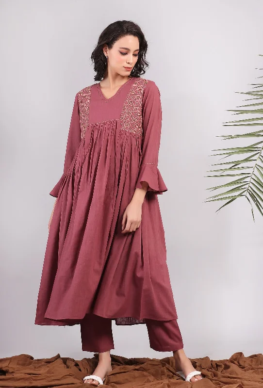 Plum Kantha Front Gathered Long Kurta dress