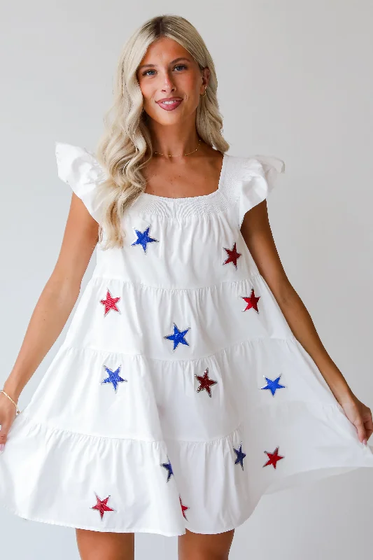 FINAL SALE - Sensationally Precious White Sequin Star Tiered Mini Dress