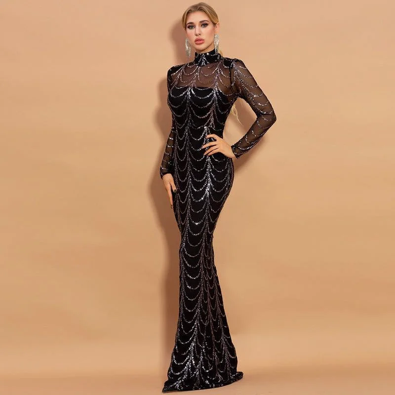 Sequins Women Maxi Dresses Long Sleeve Female Party Dresses