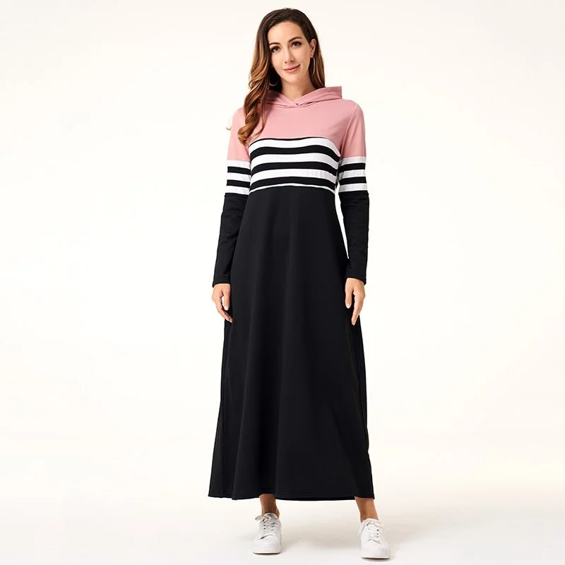 Women Hoodie Dresses Long Sleeve Striped Patchwork Casual