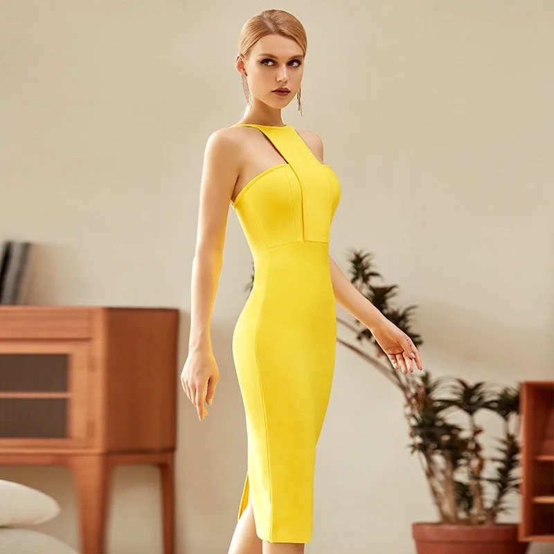 Women Yellow Bodycon Bandage Dress Sexy Halter Party Dresses