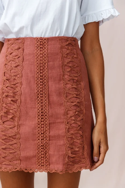 Aspley Embroidered Linen Skirt Rose