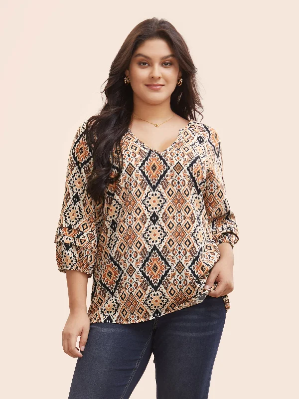 Bandana Geometric Pleated Lantern Sleeve Blouse