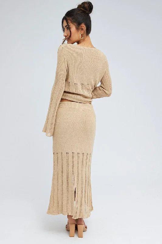 Beige Midi Skirt High Waisted A-line Ladder Knit