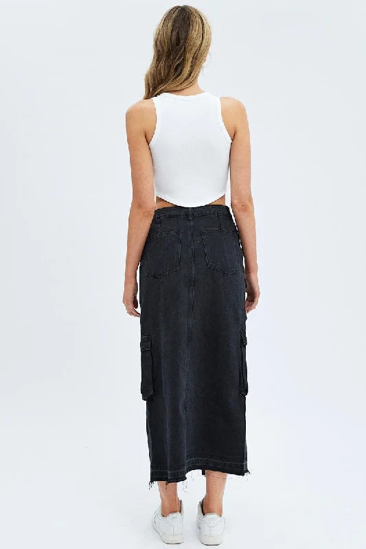 Black Denim Maxi Skirt Cargo