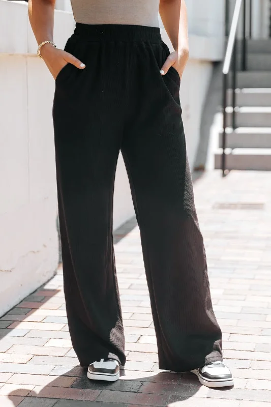 Black Elastic Waist Ribbed Pants