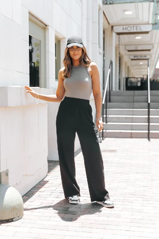 Black Elastic Waist Ribbed Pants