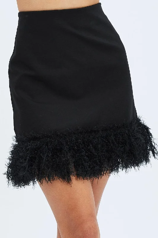 Black Faux Feather Trim Bodycon Mini Skirt