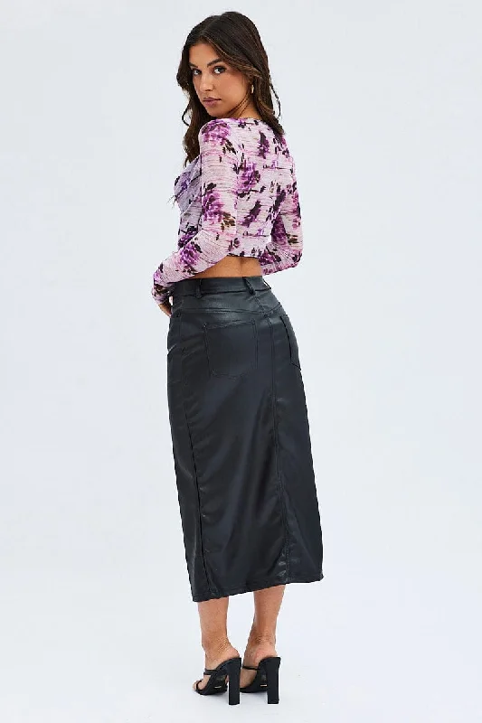 Black Maxi Skirt Slit PU