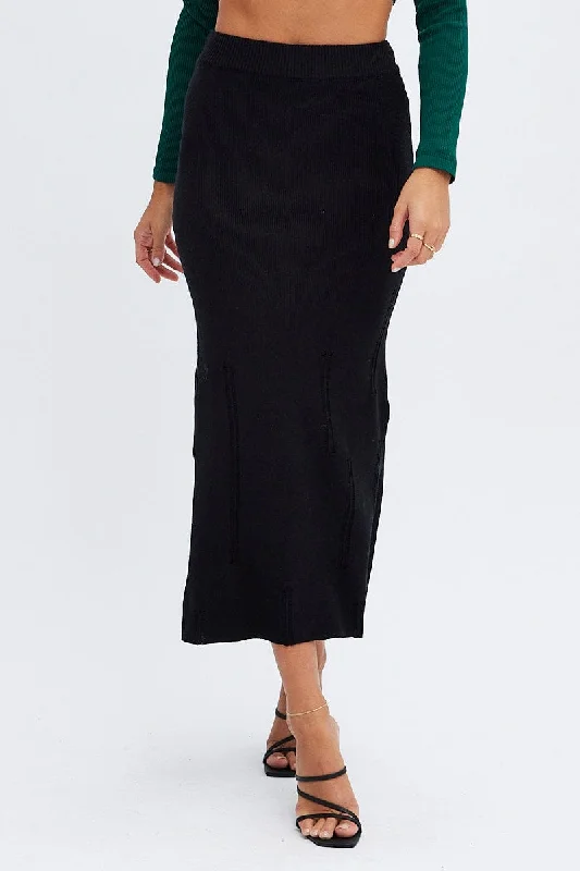 Black Midi Skirt High Waisted A-line Ladder Knit