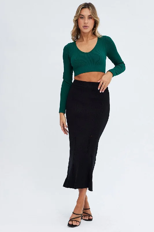 Black Midi Skirt High Waisted A-line Ladder Knit