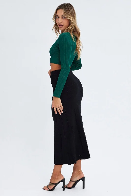 Black Midi Skirt High Waisted A-line Ladder Knit