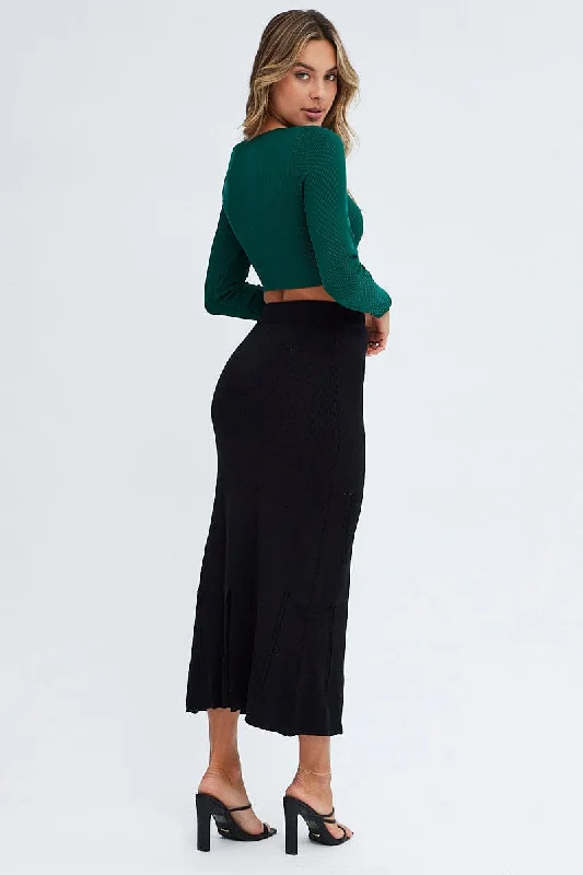 Black Midi Skirt High Waisted A-line Ladder Knit