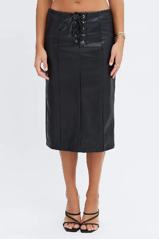 Black Midi Skirt Low Rise Lace Up Front Faux Leather PU