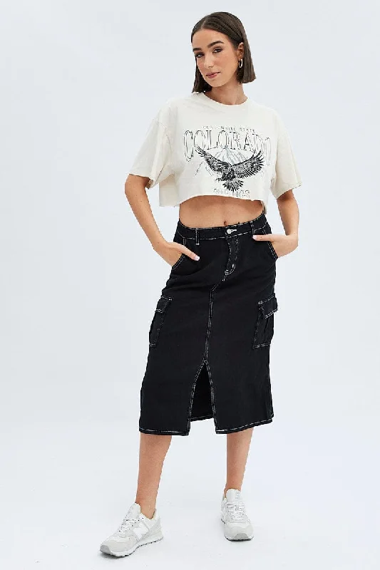 Black Midi Skirt Mid Rise A-line Cargo Contrast Stitch