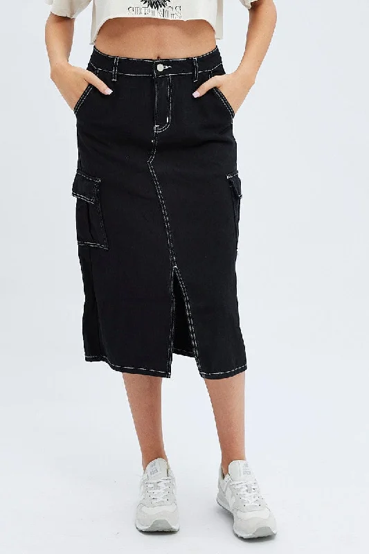 Black Midi Skirt Mid Rise A-line Cargo Contrast Stitch