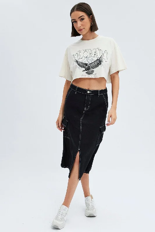 Black Midi Skirt Mid Rise A-line Cargo Contrast Stitch