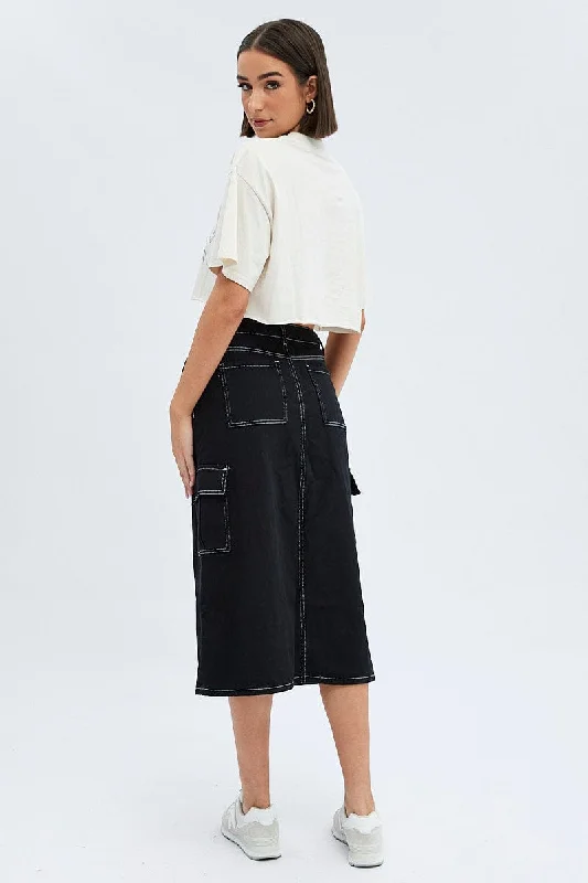 Black Midi Skirt Mid Rise A-line Cargo Contrast Stitch