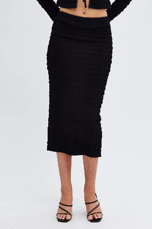 Black Midi Skirt Slim Fit Bubble Textured