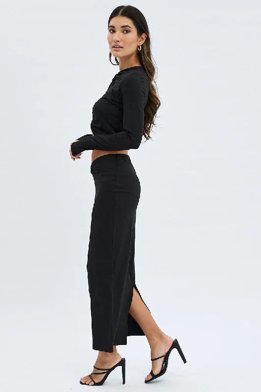 Black Midi Skirt Twisted Waist Double Layer