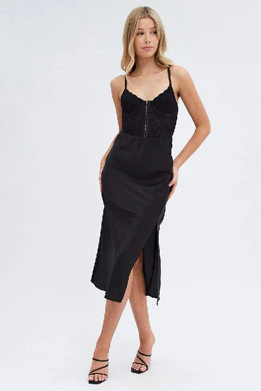 Black Slip Skirt Midi High Rise Satin