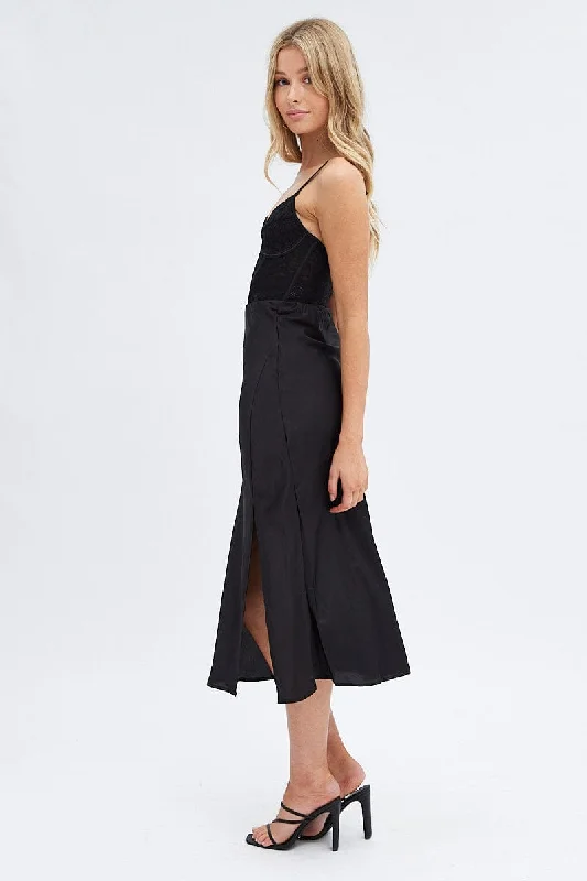 Black Slip Skirt Midi High Rise Satin