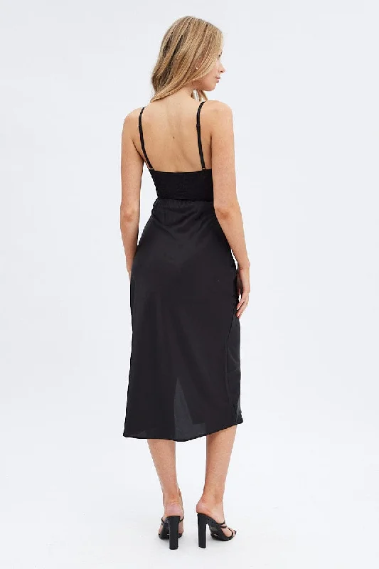 Black Slip Skirt Midi High Rise Satin