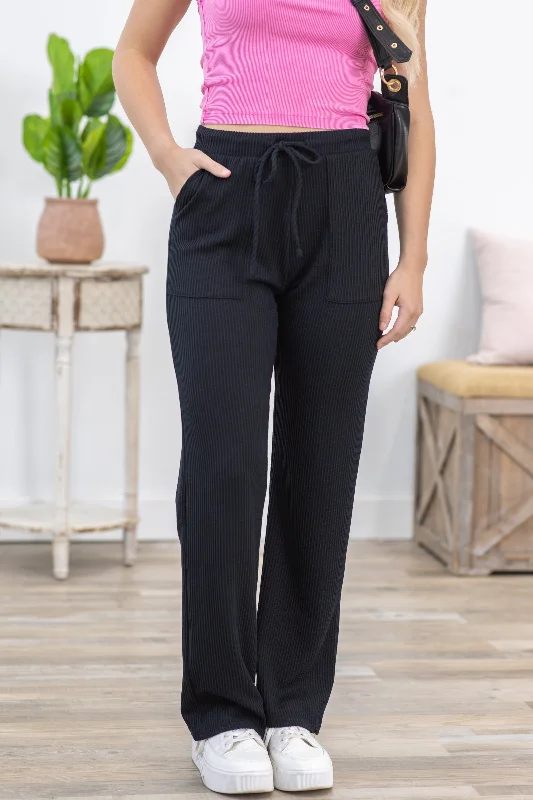 Black Solid Ribbed Casual Pants