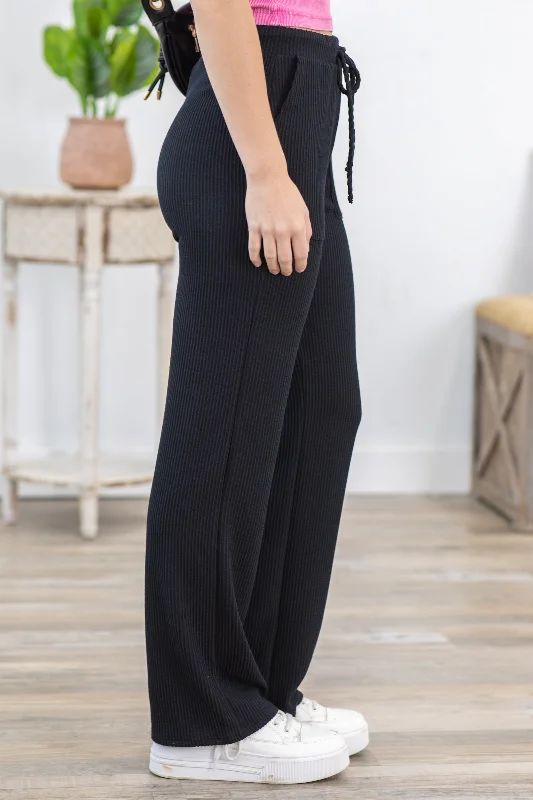 Black Solid Ribbed Casual Pants