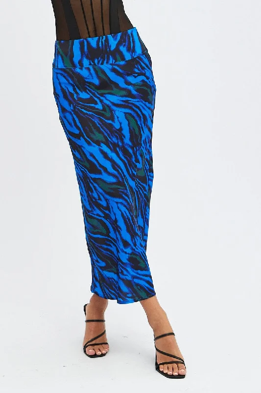 Blue Abstract Midi Skirt High Waisted Satin Bias Cut