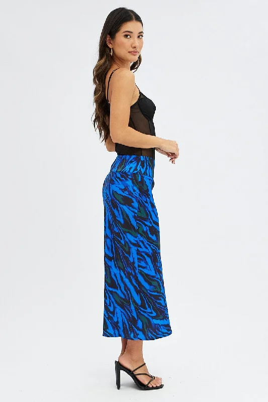 Blue Abstract Midi Skirt High Waisted Satin Bias Cut