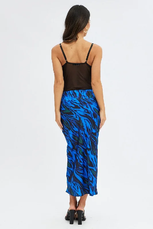 Blue Abstract Midi Skirt High Waisted Satin Bias Cut