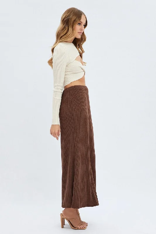 Brown Maxi Skirt Mid Rise A-line Rib Jersey