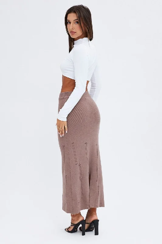 Brown Midi Skirt High Waisted A-line Ladder Knit